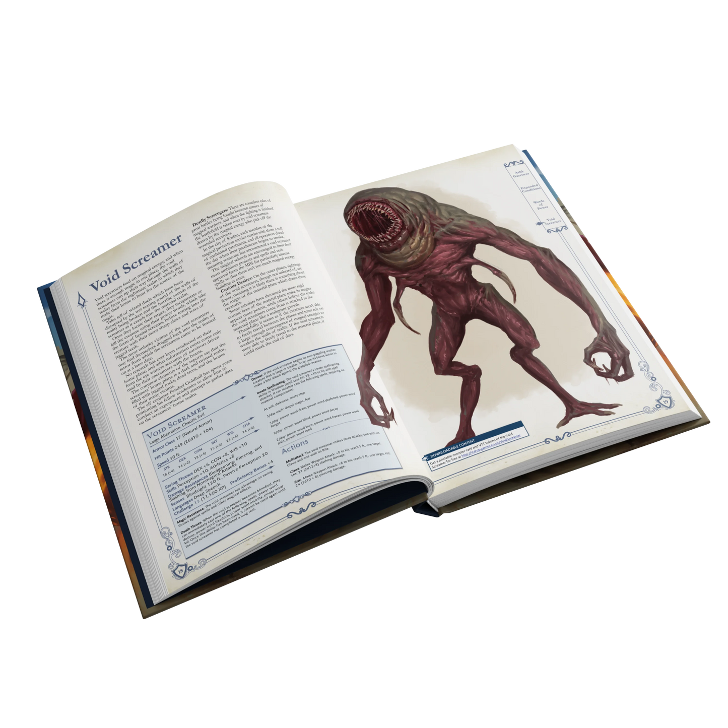 An interior spread of the SIDEQUEST annual showing the Void Screamer monster, including artwork and lore, as well as the statblock.