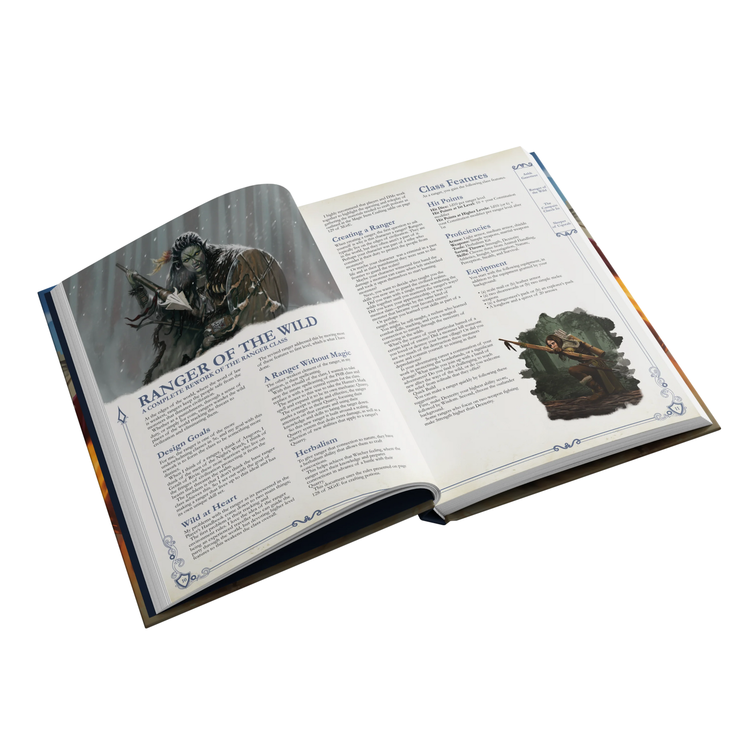 An interior spread of the SIDEQUEST annual showing the Ranger of the Wild class. The left page has a large piece of art showing a green-skinned orc hunter in the snow.