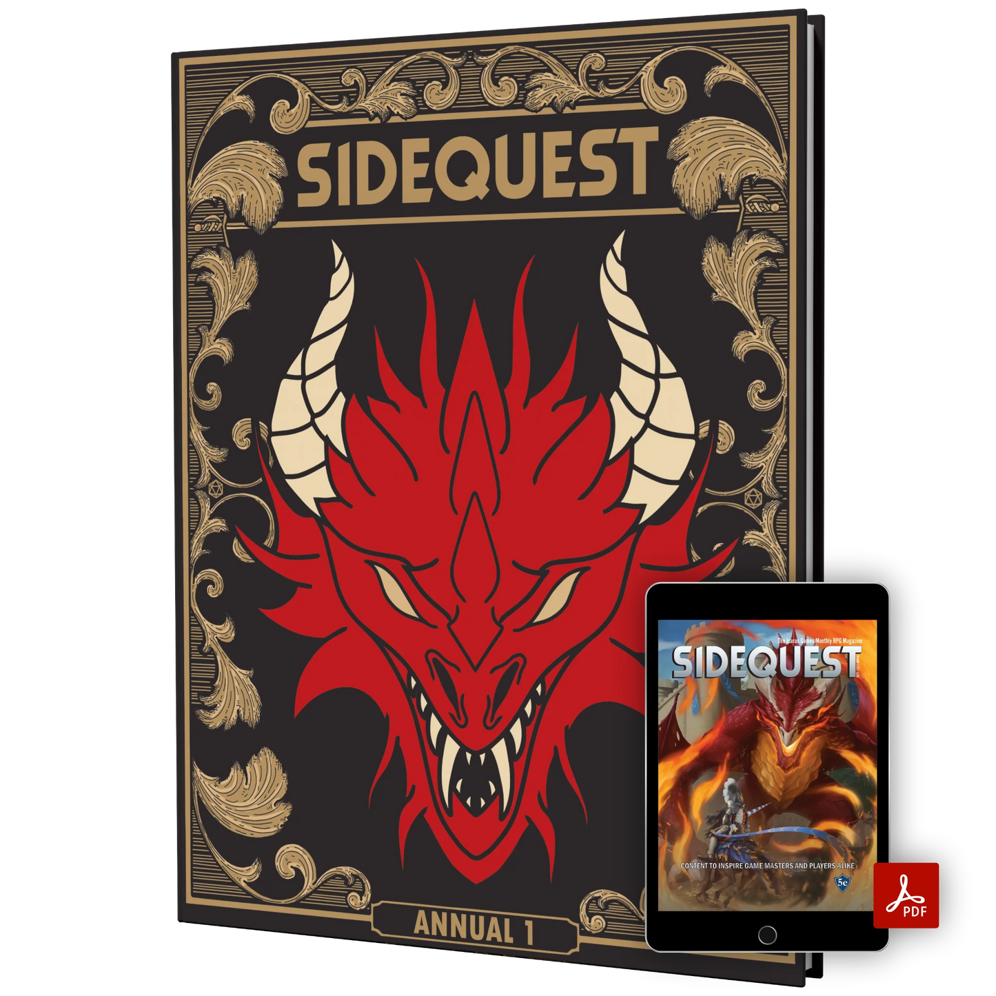 The front cover of the SIDEQUEST Year 1 special edition annual which has a gilded gold border design and an illustration of a red dragon's head in the center. In front there is a computer tablet showing a digital version of the book with the PDF logo on it.