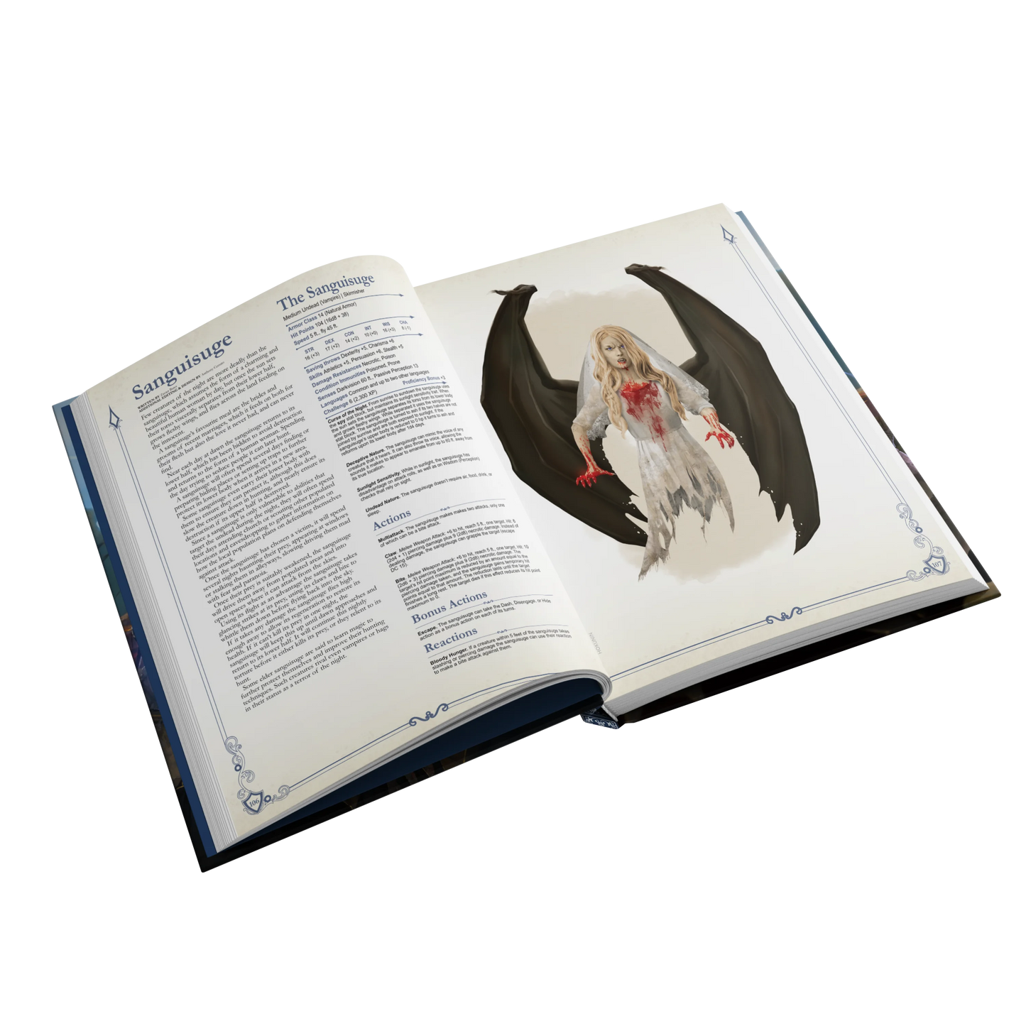 An interior spread of the SIDEQUEST annual showing the Sanguisuge monster, a vampiric woman with no lower half and large black bat wings.