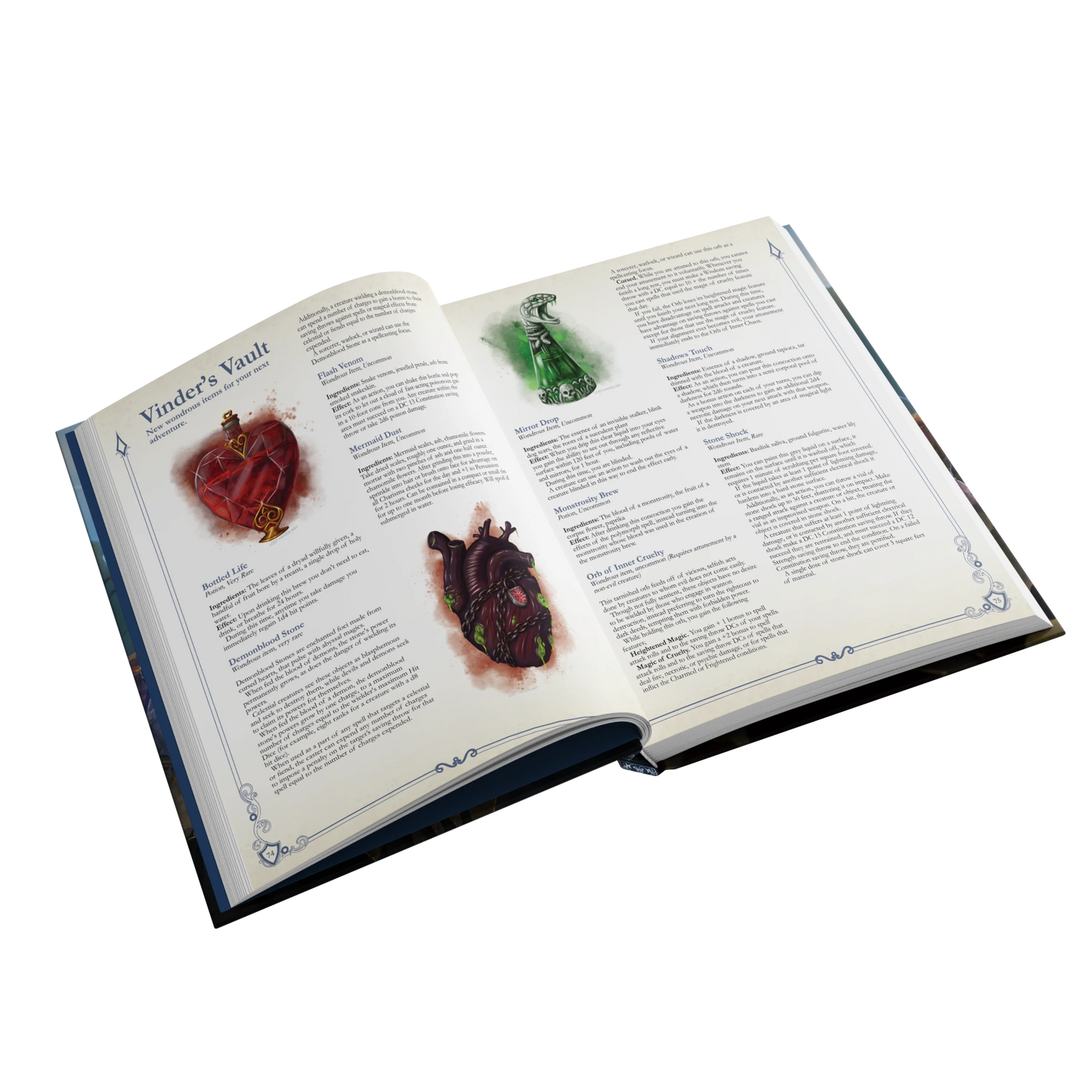 An interior spread of the SIDEQUEST annual showing a Vinder's Vault article which features a number of potions of different shapes and colors.