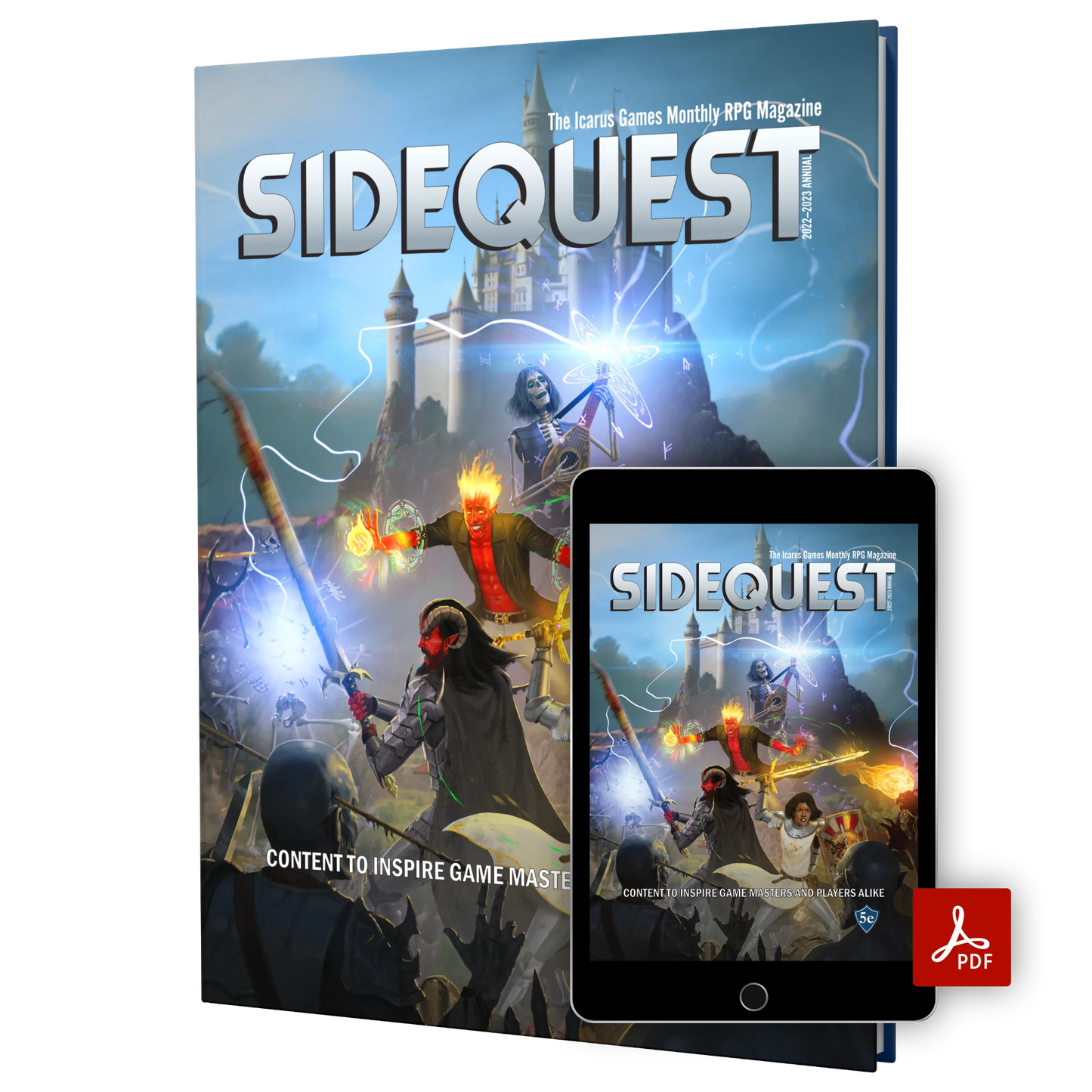 The front cover of the SIDEQUEST Year 2 annual which depicts 4 adventurers fighting a horde of undead in front of a castle in the background. In front there is a computer tablet showing a digital version of the book with the PDF logo on it.