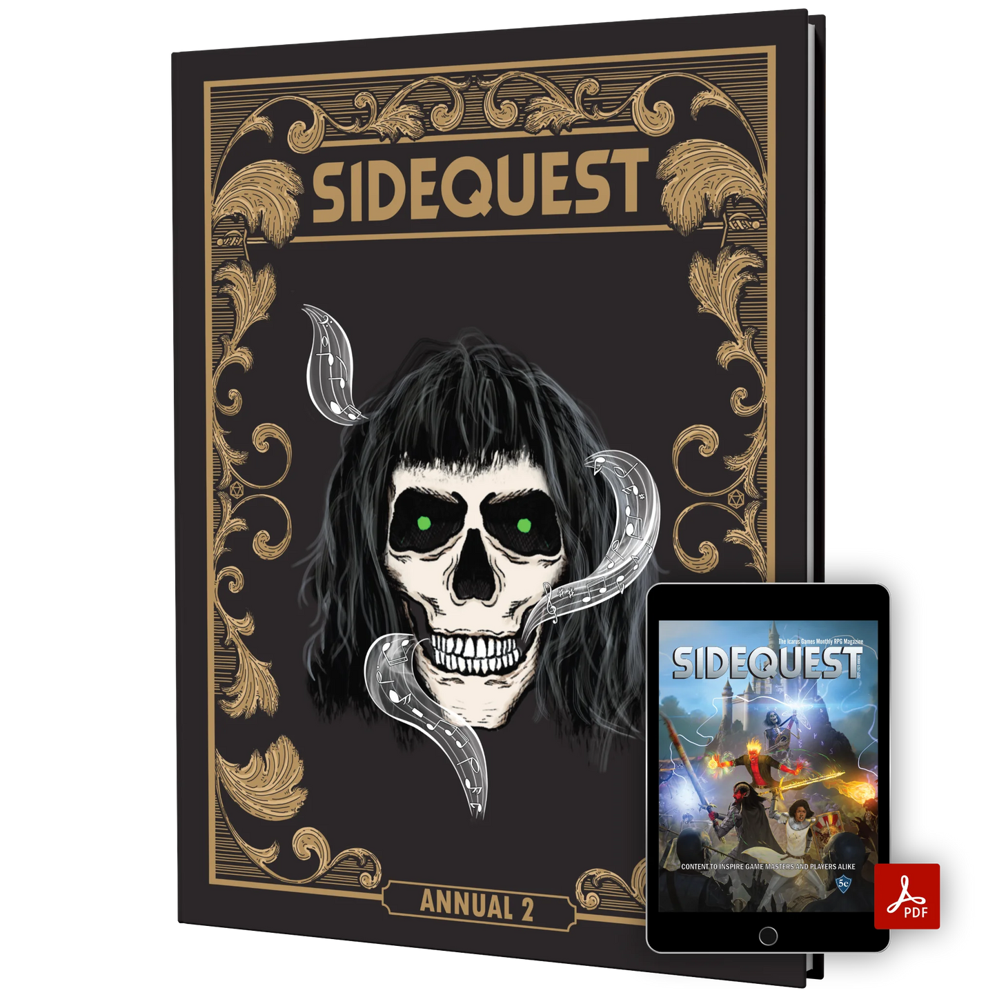 The front cover of the SIDEQUEST Year 2 special edition annual which has a gilded gold border design and an illustration of a skull with long black hair and glowing green eyes surrounded by magical music in the center. In front there is a computer tablet showing a digital version of the book with the PDF logo on it.