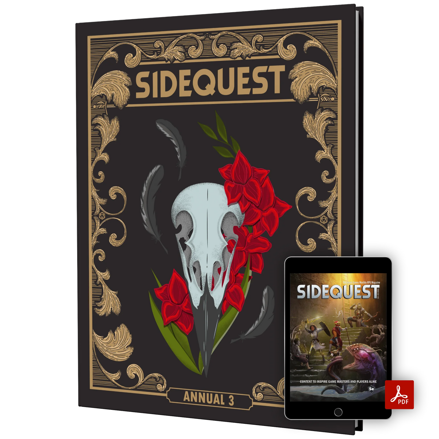 The front cover of the SIDEQUEST Year 3 special edition annual which has a gilded gold border design and an illustration of a raven's skull surrounded by red flowers in the center. In front there is a computer tablet showing a digital version of the book with the PDF logo on it.