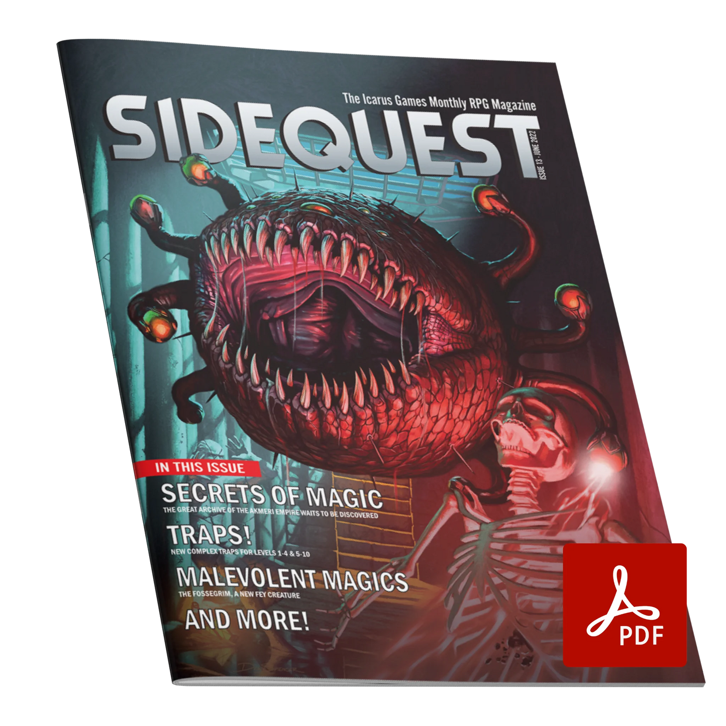 A mockup of the cover of SIDEQUEST Issue 13. The cover art depicts A floating monster with a large mouth, one central eye, and many eye stalks that shoots a magic beam at a victim, turning them into a skeleton. Text overlaid on the image describes the contents of the issue.