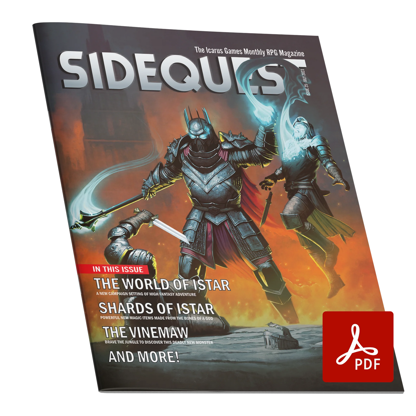 A mockup of the cover of SIDEQUEST Issue 25. The cover art depicts An armored tyrant fights two heroes. They use magic to draw the life from one of the heroes, as the other lies helpless on the ground, their sword broken. Text overlaid on the image describes the contents of the issue.