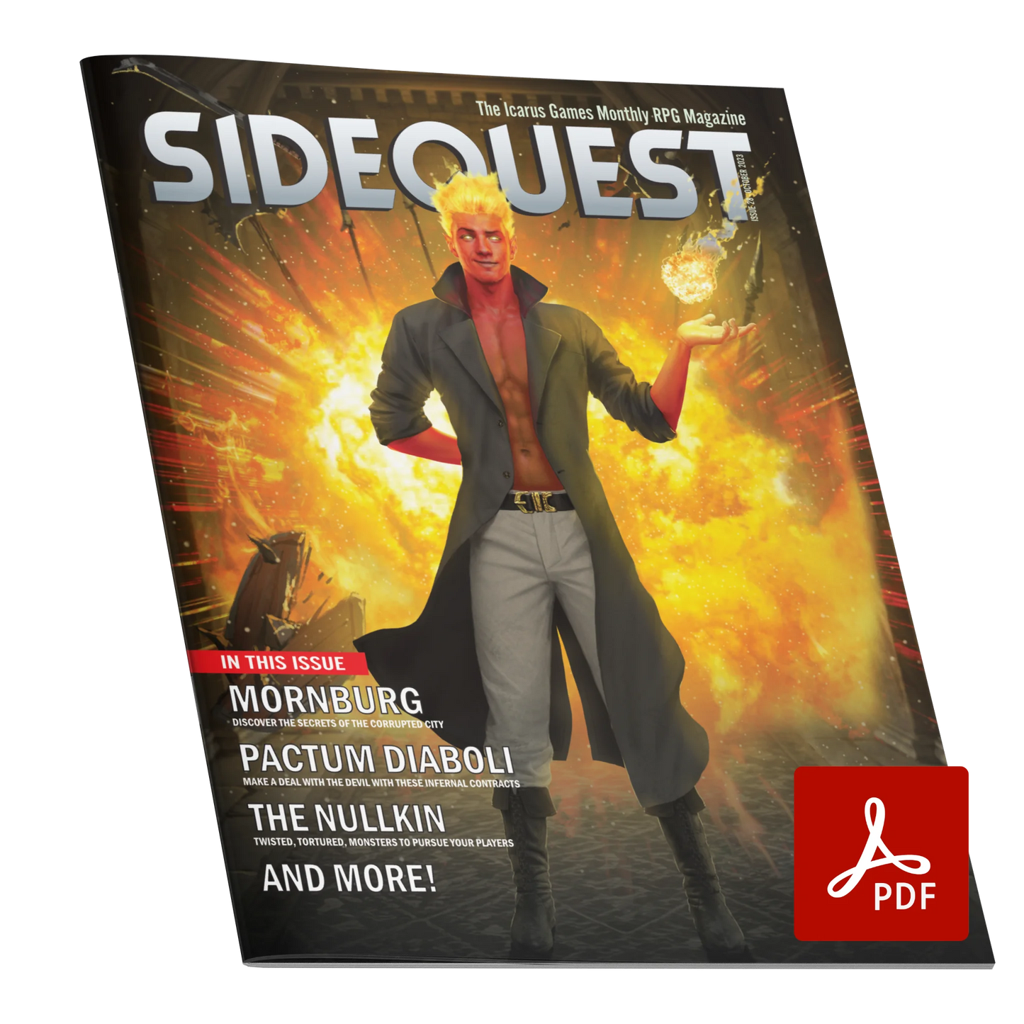 A mockup of the cover of SIDEQUEST Issue 28. The cover art depicts A male fire genasi with red skin and flaming hair stands in front of an explosion, holding a ball of flame in a hand out beside him. He is wearing a long brown leather coat and no shirt. Text overlaid on the image describes the contents of the issue.