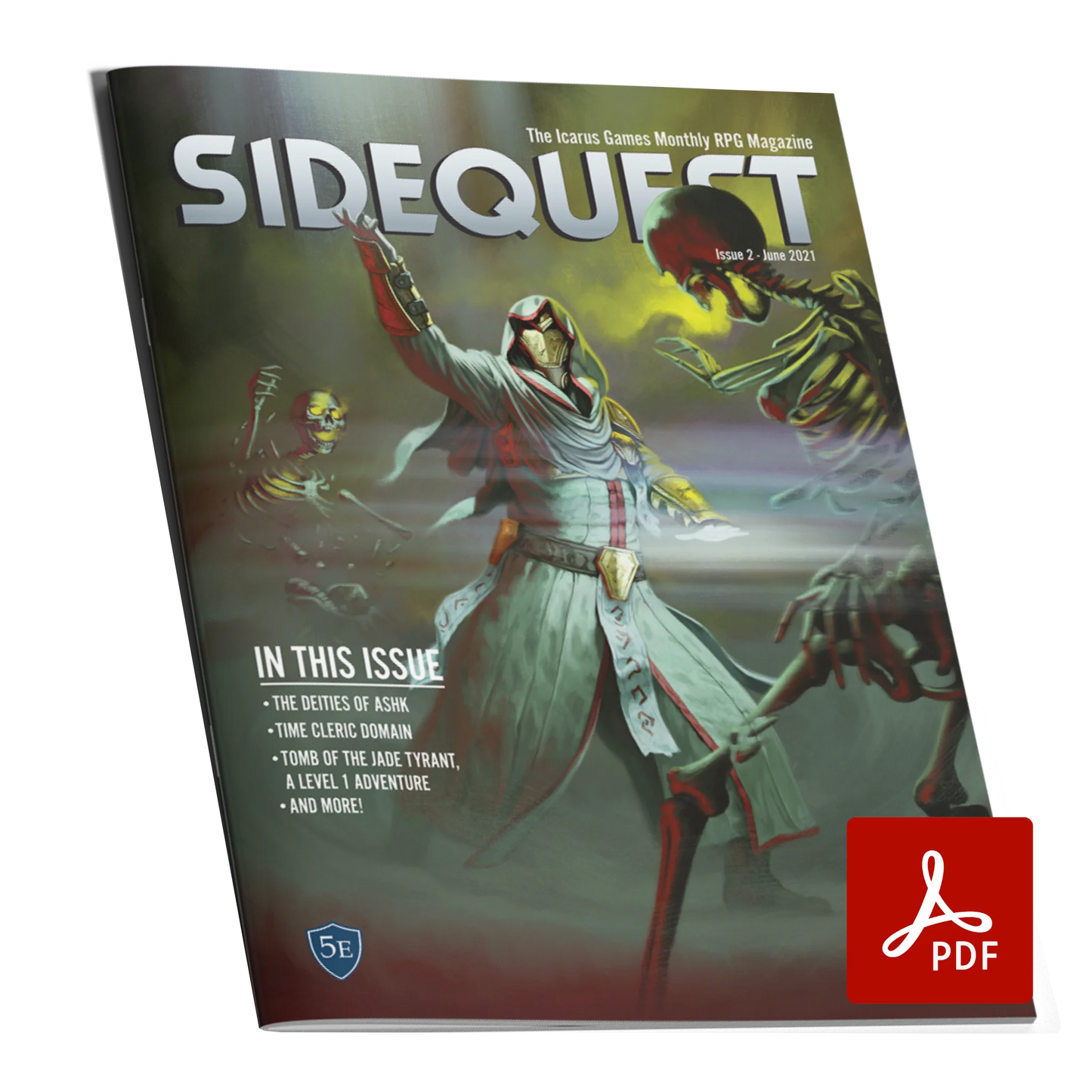 A mockup of the cover of SIDEQUEST Issue 2. The cover art depicts A masked cleric wearing white robes who is surrounded by skeletons with glowing green eyes. They stand on a smokey green background. Text overlaid on the image describes the contents of the issue.