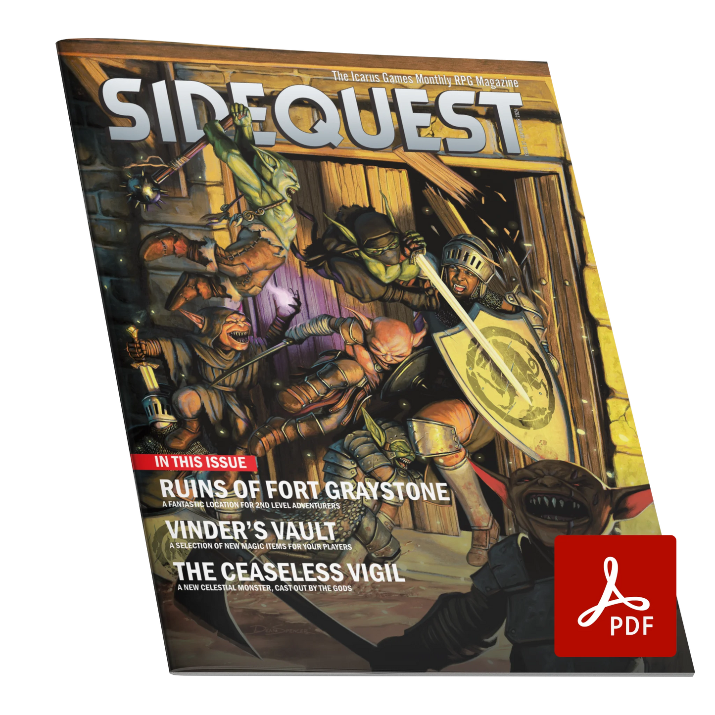 A mockup of the cover of SIDEQUEST Issue 37. The cover art depicts A human warrior with dark skin who wears leather and plate armor, a helmet, and carries a sword and shield that is fighting against a group of goblins. The goblins are trying to restrain his arms and legs and push him over, and he is falling backwards, breaking the door of a stone building. In the foreground, a goblin with an axe and a shield screams towards the viewer. Text overlaid on the image describes the contents of the issue.