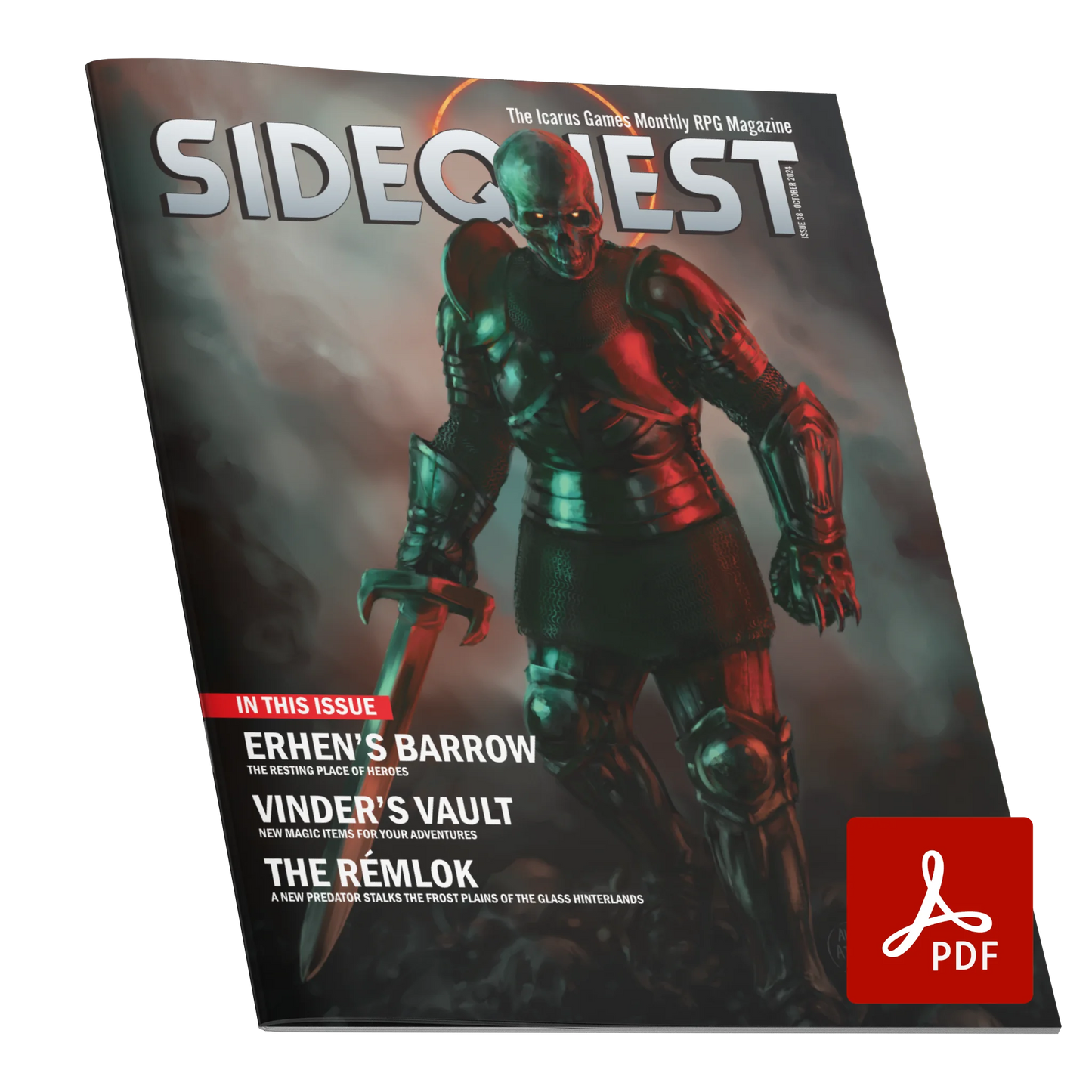 A mockup of the cover of SIDEQUEST Issue 38. The cover art depicts A skeletal warrior with glowing orange eyes wearing plate armor and carrying a sword walking over a field of bones. They are lit by red light which comes from off screen. Text overlaid on the image describes the contents of the issue.