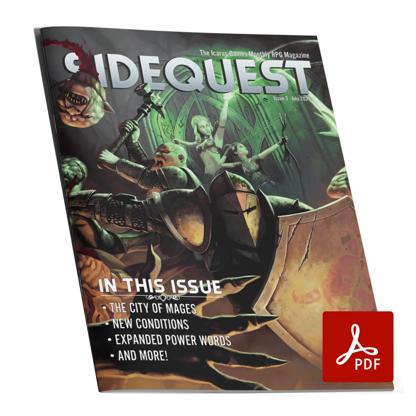 A mockup of the cover of SIDEQUEST Issue 3. The cover art depicts A group of adventurers doing battle against a horde of orcs in front of the door of a dungeon. Text overlaid on the image describes the contents of the issue.