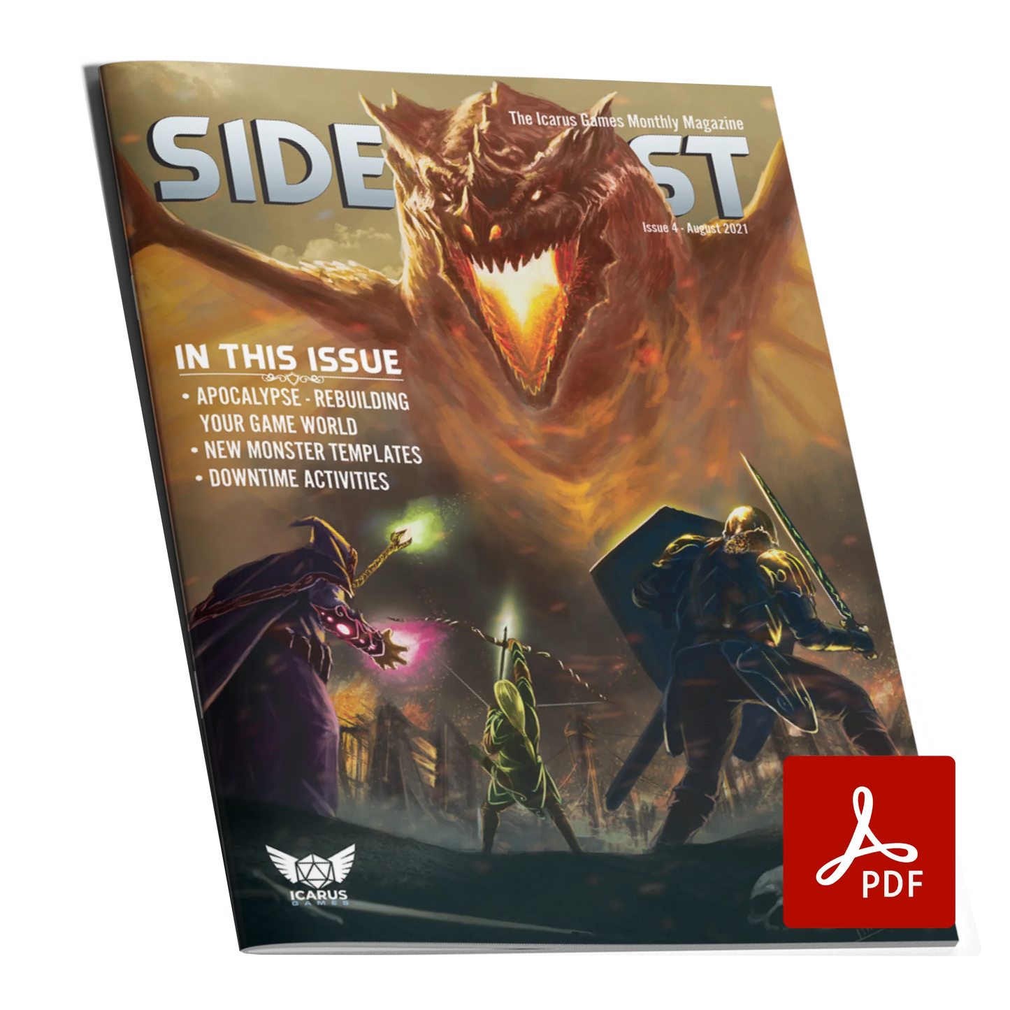 A mockup of the cover of SIDEQUEST Issue 4. The cover art depicts A trio of adventurers who stand in the foreground among burning trees as they face off against a red dragon as it looms over them. Text overlaid on the image describes the contents of the issue.