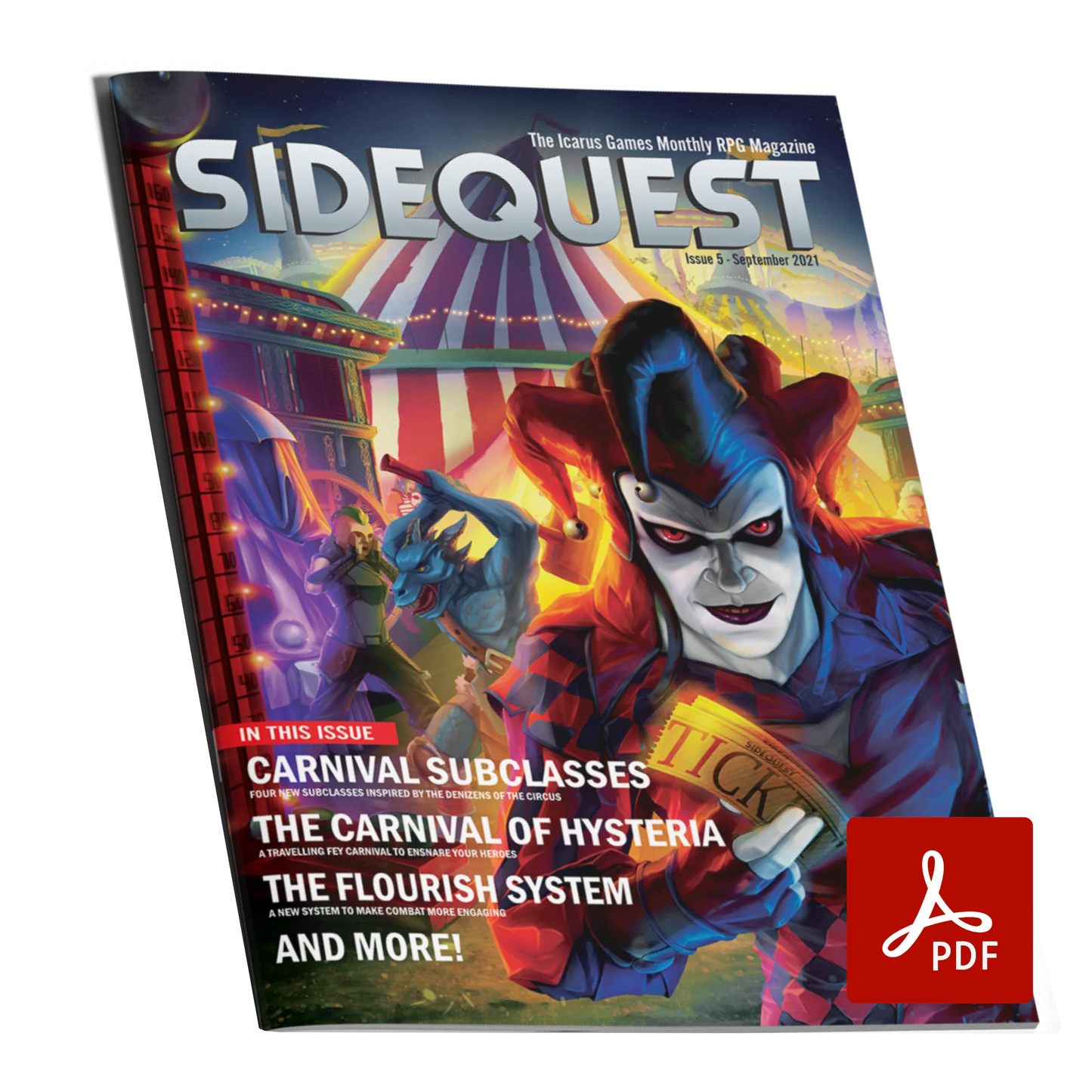 A mockup of the cover of SIDEQUEST Issue 5. The cover art depicts A jester wearing a red and black outfit stands in a fantasy carnival, surrounded by tents and attendants. They are smiling and holding up a pair of golden tickets towards the viewer. Text overlaid on the image describes the contents of the issue.