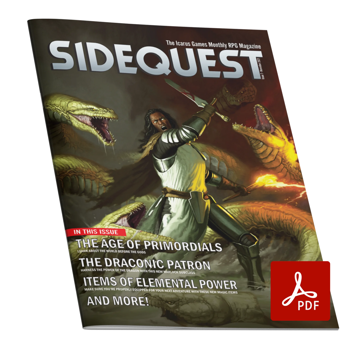 A mockup of the cover of SIDEQUEST Issue 7. The cover art depicts An armored knight with dark skin and long hair fighting a many headed serpentine monster. He carries a sword in one hand and a flaming torch in the other. Text overlaid on the image describes the contents of the issue.