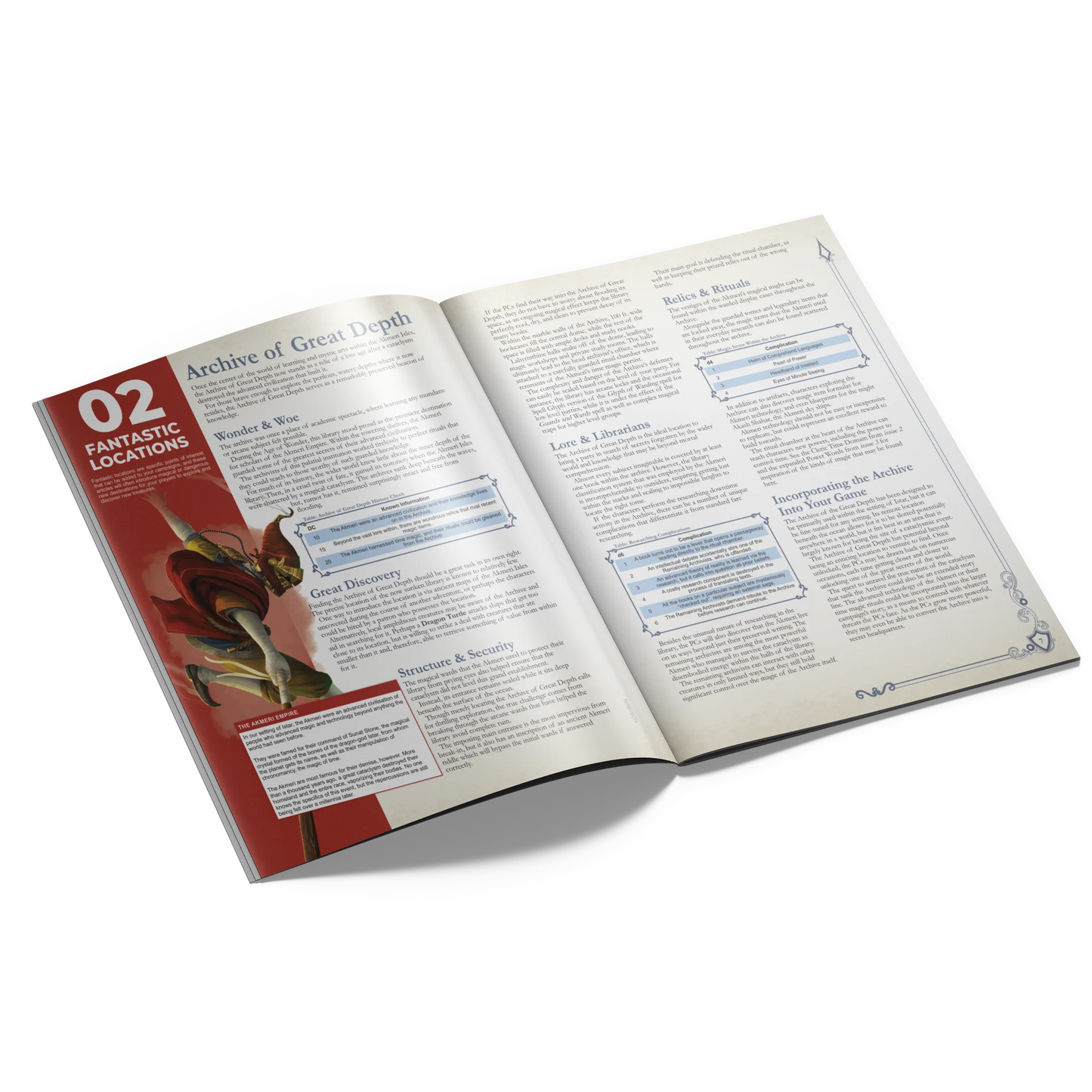 A mockup showing an interior spread of the SIDEQUEST preview issue. This spread depicts a fantastic location and includes art of a robed monk leaping through the air.