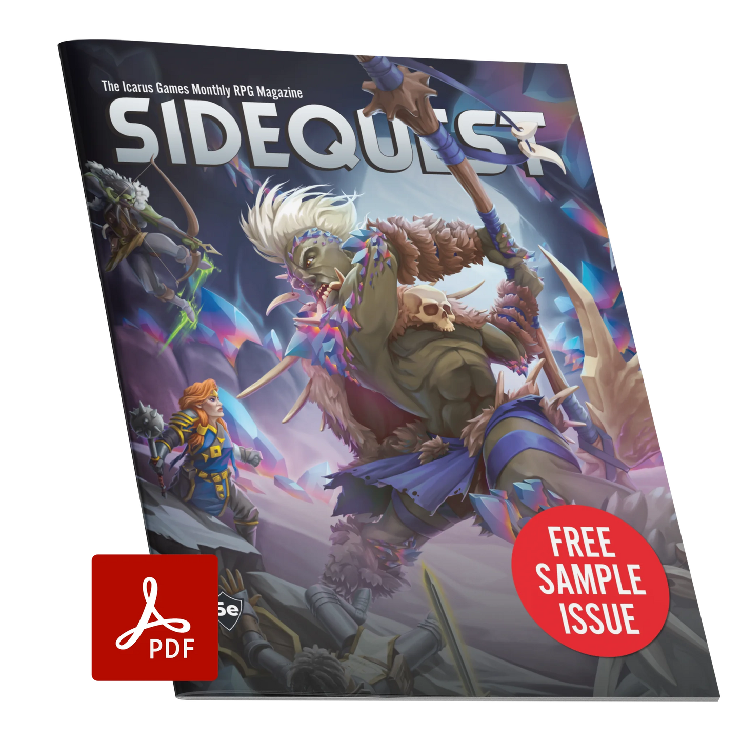 A mockup of the cover of the SIDEQUEST preview Issue. The cover art depicts A group of adventurers fighting a giant which is covered in prismatic crystals. A male orc with long black hair wearing leather and fur armor jumps through the air firing a bow at the giant. A female dwarf with red hair wearing blue robes stands in front of the giant ready to attack. A human woman with dark skin and curly hair lies on her back, having been knocked over by the giant.