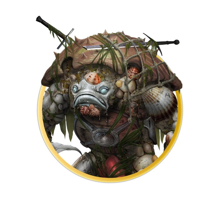 A circular token depicting A grey monster with a fish-like head, large mouth, and bulbous eyes. It's body is covered in the shells of smaller animals and equipment which has been lost to the water, such as weapons, shields, and armor. It has long, pointed claws and webbed feet.