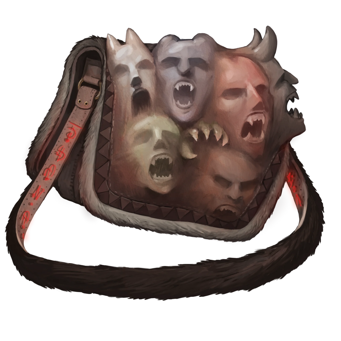 A canvas and fur messenger which has glowing red runes running along its strap. The flap of the bag seems alive with the faces of six demonic creatures which seem to be pushing through the fabric as though trying to escape.