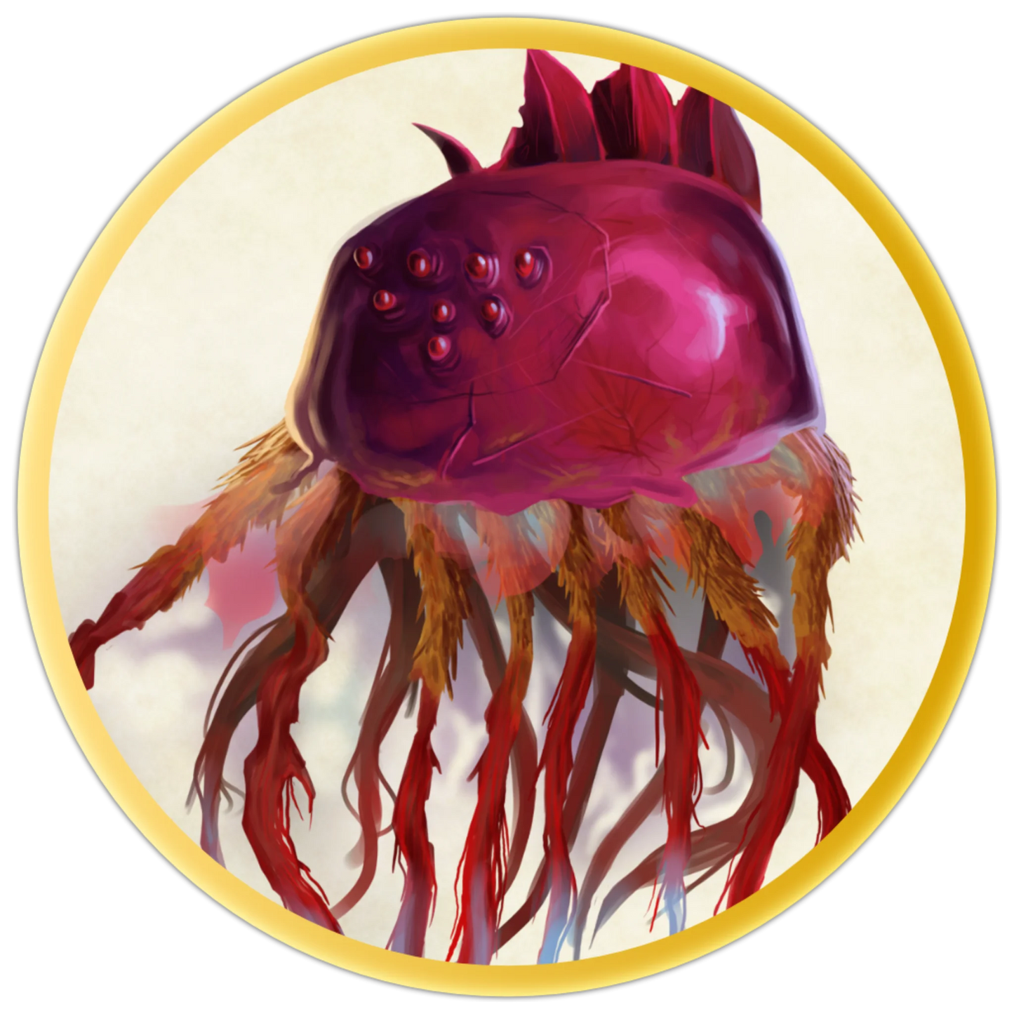 A circular token depicting A vibrant magenta monster with many tentacles that floats through the air. The tips of the tentacles glow with blue energy.