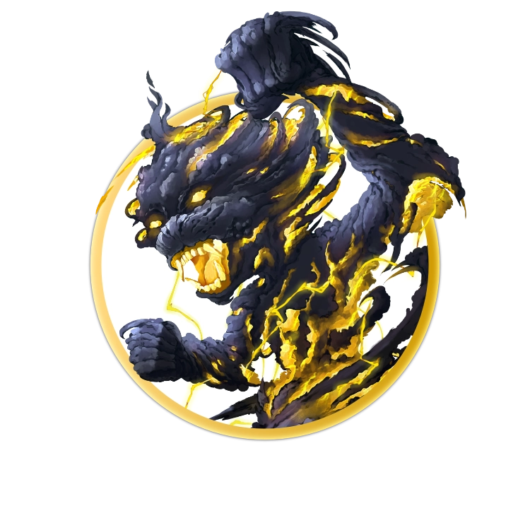A circular token depicting A storm elemental in the shape of a monkey formed cloud which glows with golden lightning.