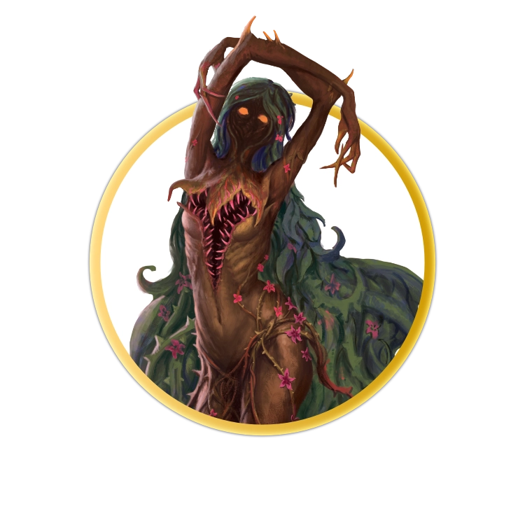 A circular token depicting A living plant shaped like a woman with long green vines for hair. The creature's face is a knot of roots with glowing orange lights for eyes. The creature's chest has a mouth like that of a venus fly trap which it uses to eat its victims after luring them close with the bright flowers it has across its body.