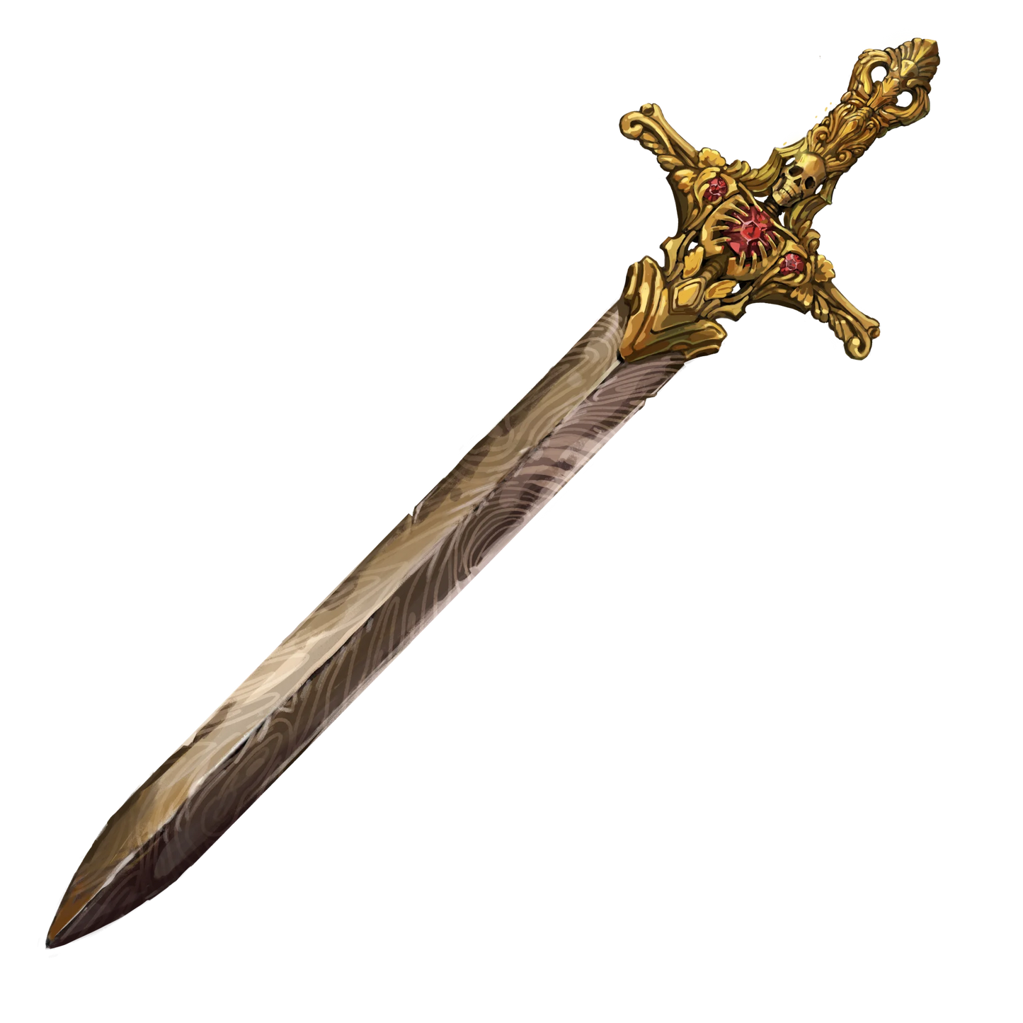 A greatsword with a blade made of swirling golden metal. The hilt is a styalized skeleton made from gold with red rubies inset into the center.