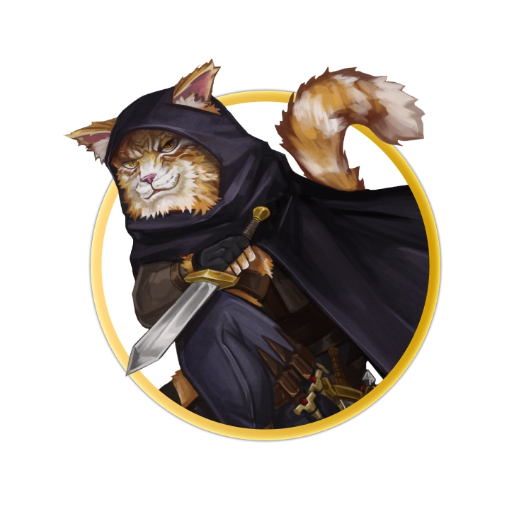 A circular token which depicts A catfolk rogue who is crouched holding a rapier and a dagger. He wears a black cloak with the hood up, and has cut outs on the hood so that his ears can poke out. His fur is white and ginger and he looks like a humanoid version of the Maine Coon breed.