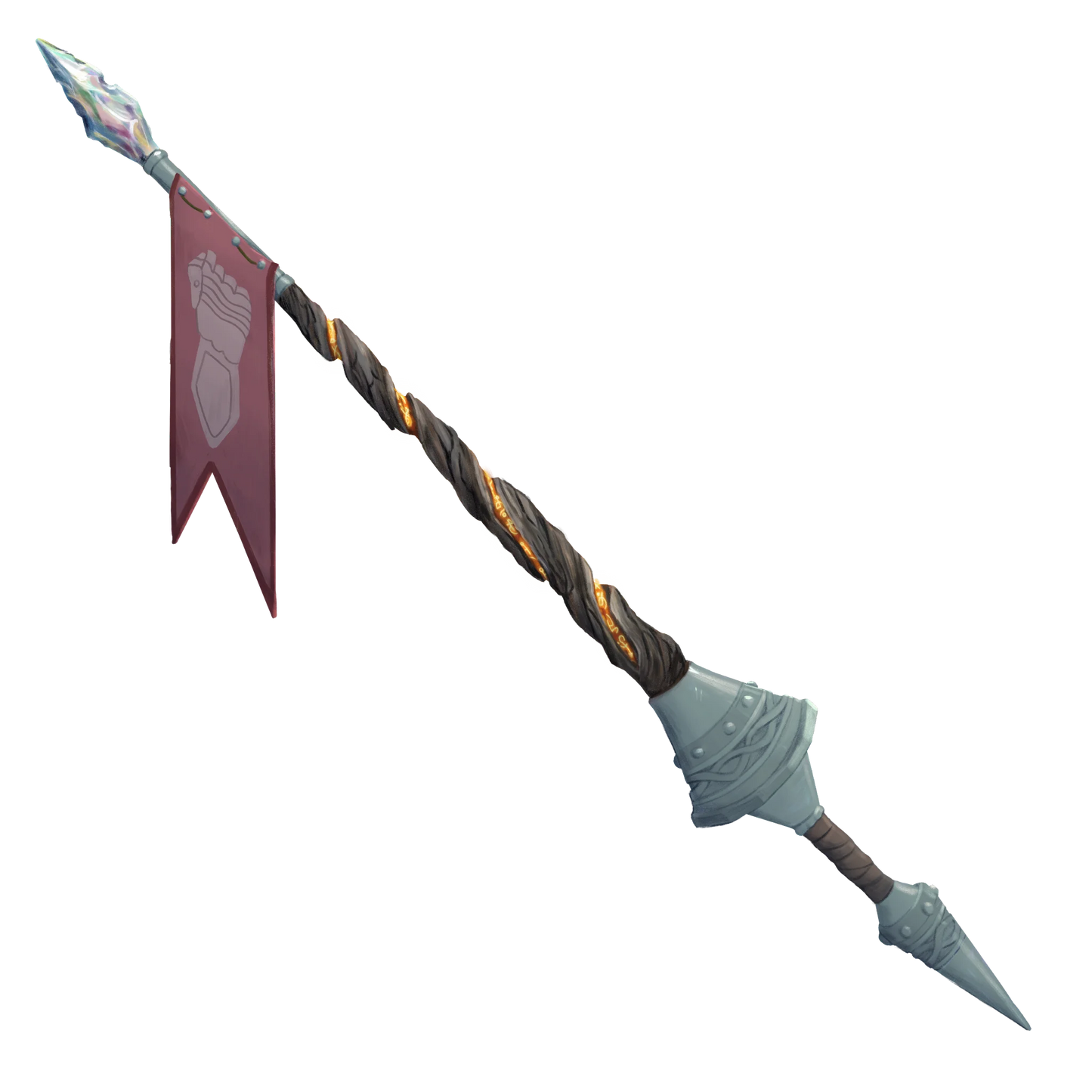 A lance which a shaft made from fiend wood which glows with infernal power. The tip of the lance is a crystal that shifts into multiple color as it moves.
