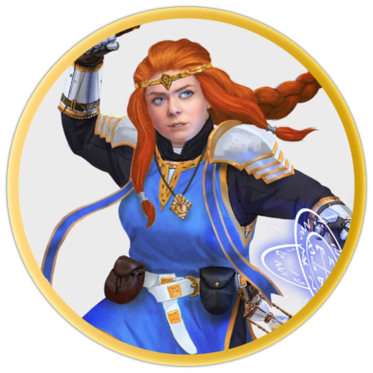 A circular token depicting A red-headed dwarf who is wearing blue clerics robes over her silver and gold armor. She swings her morningstar while casting a spell with her other hand. On her belt, an hourglass filled with sand swings as she moves.