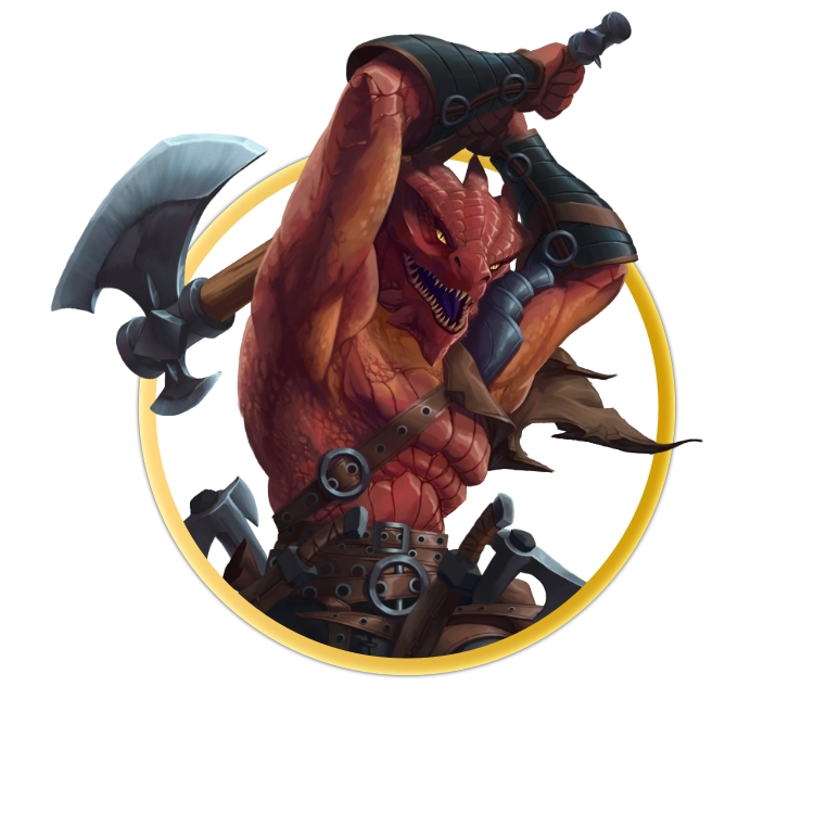 A circular token which depicts A red-skinned dragonborn wearing simple leather trousers and no shirt. He is drawing his large axe behind his head ready to bring it down on his unseen victim.