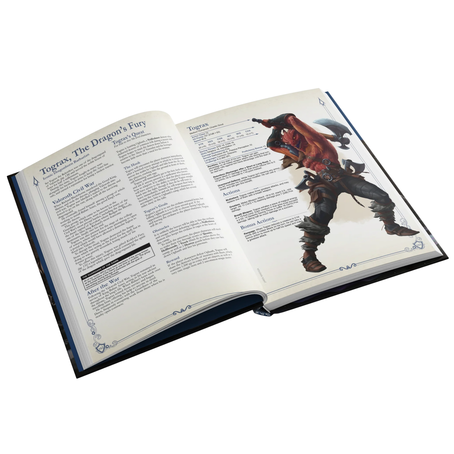 A mockup showing an interior spread of the SIDEQUEST annual. This spread depicts the iconic NPC, Tograx and features text on both pages and an illustration of a red-skinned dragonborn barbarian on the right page.