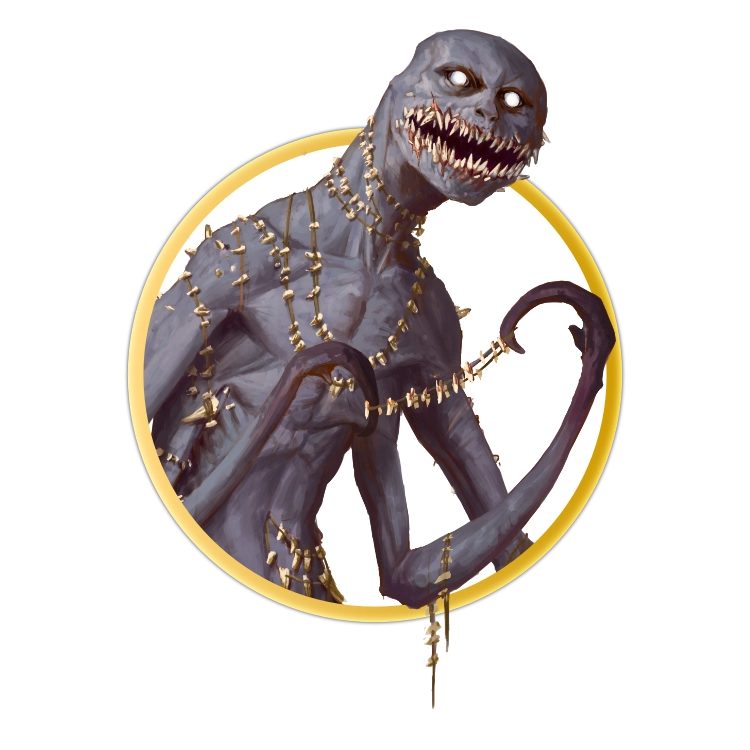 A circular token which depicts A tall, slender creature with rotten grey skin, hooked limbs, who wears multiple necklaces of teeth it has taken from its victims.