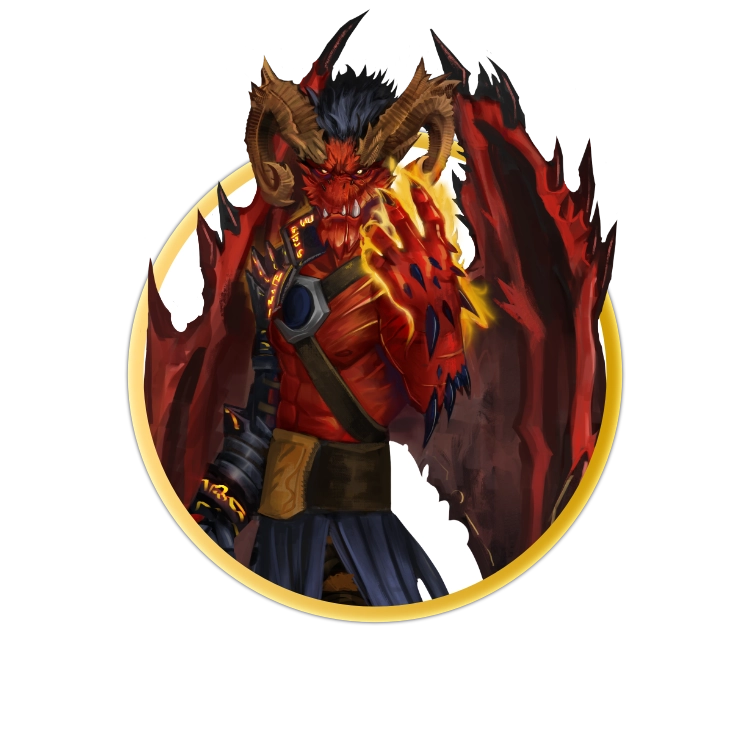 A circular token which depicts A red-skinned demon with goat hooves, large spiked wings, and ram horns. It holds a dangerous, rectangular sword and is casting a spell with the other hand.