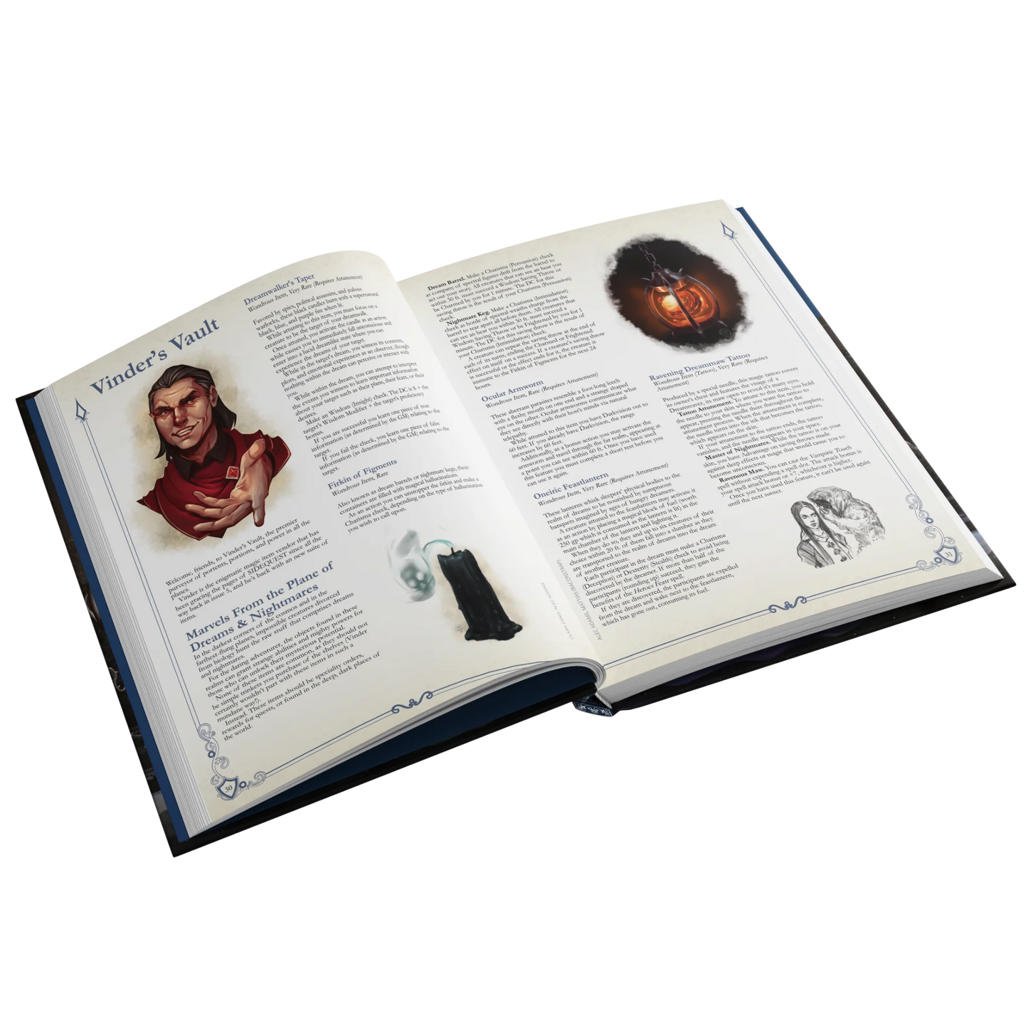 A mockup showing an interior spread of the SIDEQUEST annual. This spread depicts an article devoted to Vinder's Vault, a collection of magic items.