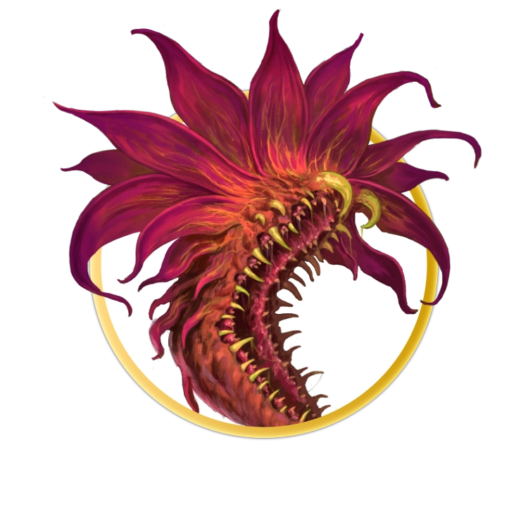 A circular token which depicts The vinemaw, a large orange-red plant creature which a huge mouth which runs the length of its body. It has twisting vines for legs, and a canopy of large brightly colored petals.