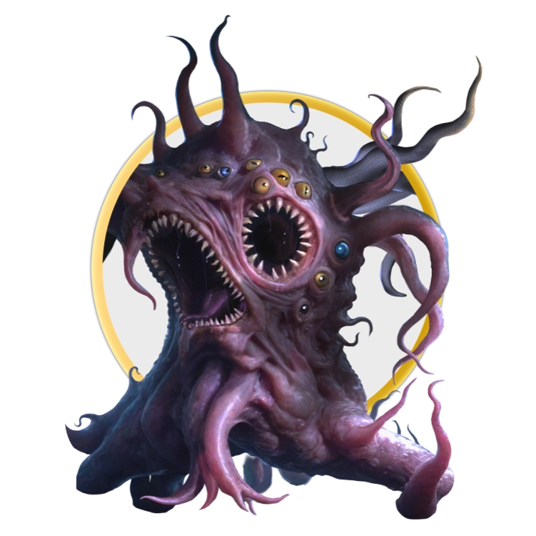 A circular token which depicts a purple-skinned eldritch abomination which has a multiple large mouths with many teeth, dozens of multi-colored eyes, and multiple tentacles.