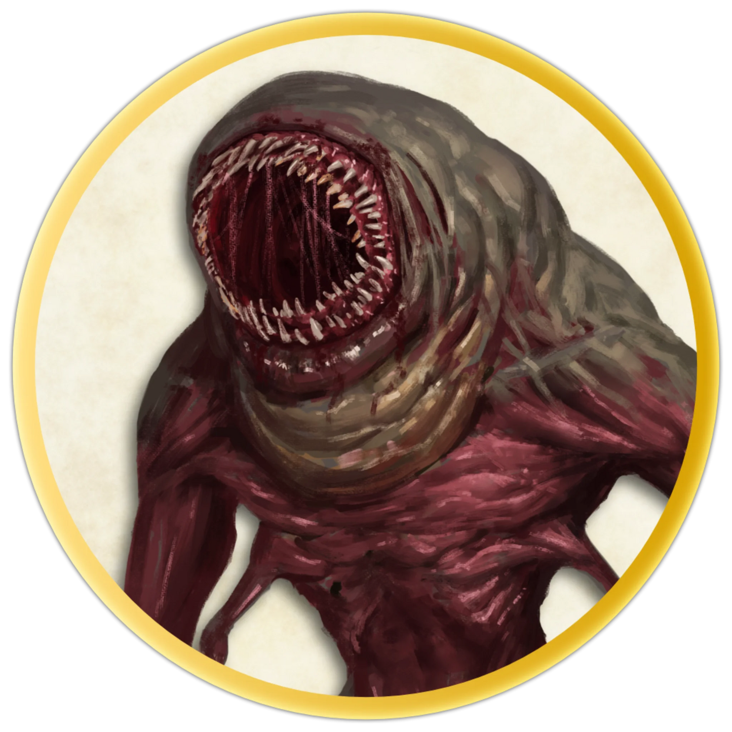 A circular token depicting A large, red and grey skinned monster with no eyes and a large mouth with hundreds of teeth. It has four arms. Two are long and clawed, and two are short and hooked.