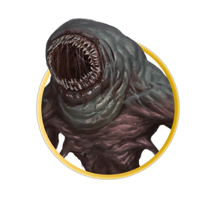 A circular token depicting A large, grey skinned monster with no eyes and a large mouth with hundreds of teeth. It has four arms. Two are long and clawed, and two are short and hooked.