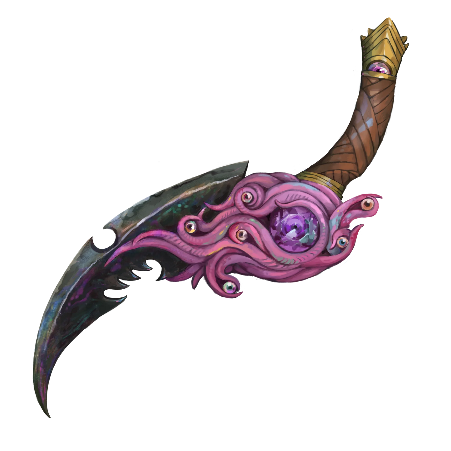 This dagger has a dark blade with an oil slick pattern on it. The handle is wrapped in brown leather and capped in gold. The hilt contains a magical purple gem which is surrounded by magenta tentacles and eyes.
