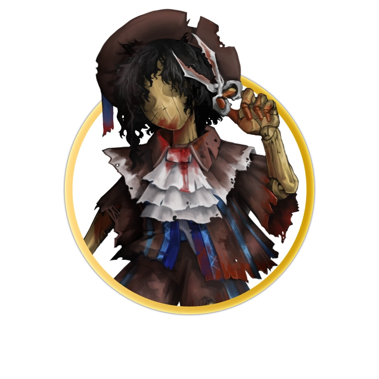 A circular token which depicts A wooden doll wearing the outfit of a small Victorian boy which is stained with blood. In one hand they hold a pair of rusted scissors and in the other they hold a face.