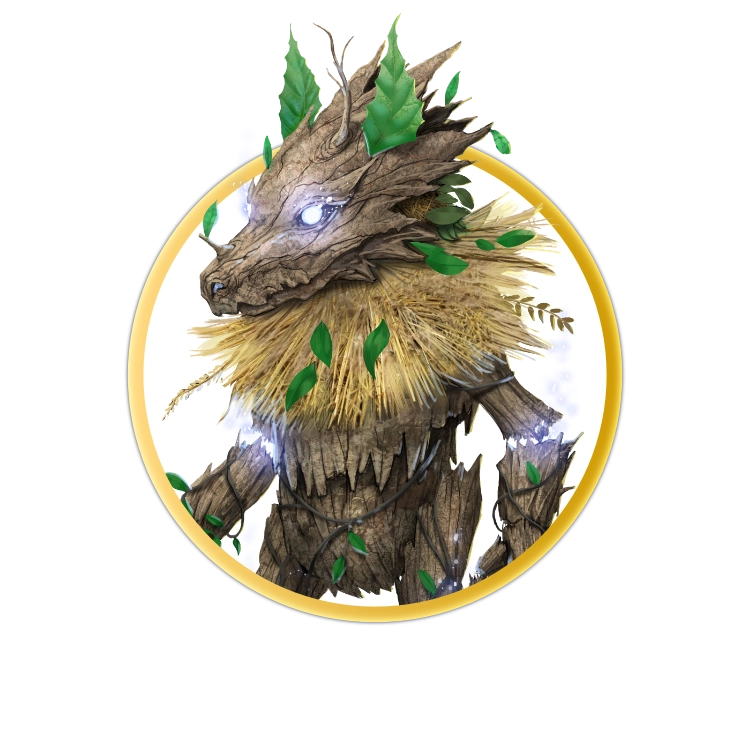 A circular token depicting A creature made of wood and bark which resembles as small bipedal dragon. It has a ruff of thatch, and in the cracks between its limbs it glows bright with magical blue energy.