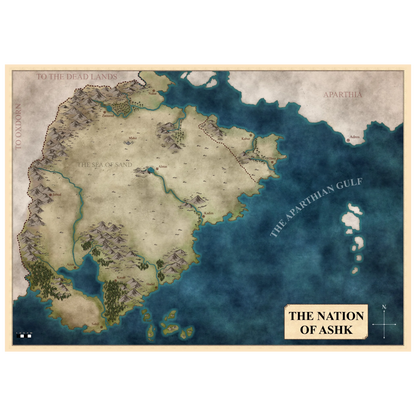 An illustration of the map of the city states of Ashk, a desert nation with yellow sands. There is a wide mountain range to the west and the Aparthian Gulf, a body of water, to the east. To the north east of the country is a darker region known as the chaos wastes. 
