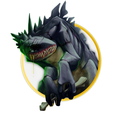 A circular token depicting A large grey monster with the a body covered in necrotic black scars. The creature has no eyes and exposes, sharp teeth. It holds a human bone in its sharp claws. 