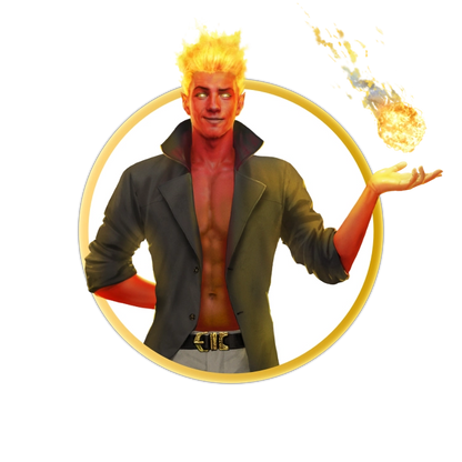 A circular token which depicts A male fire genasi with red skin and flaming hair who is holding a ball of flame in a hand out beside him. He is wearing a long brown leather coat and no shirt. 
