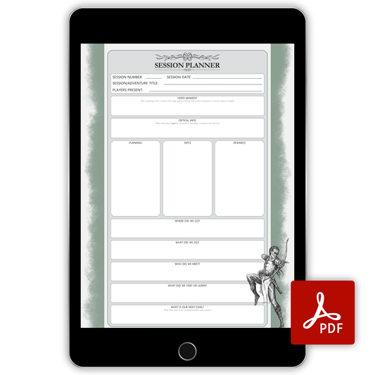 A computer tablet showing the session planner from the campaign tracking sheet bundle. It has a number of boxes for filling information and pencil sketch artwork as detailing. In front of that is the PDF logo. 