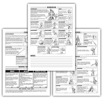 Three of the class cheat sheets stacked on top of one another. They are black and white pages which show the abilities for different D&D classes. 