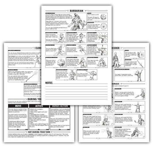 Three of the class cheat sheets stacked on top of one another. They are black and white pages which show the abilities for different D&D classes. 