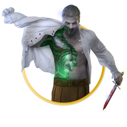 A circular token which depicts the corpseweaver as they walk away from their latest victim, pulling on the victims clothes so that they can impersonate them. The corpseweaver's body is partially translucent green, showing broken and absorbed bones within. 
