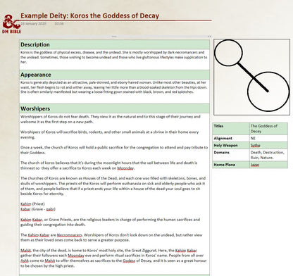 An example page from the OneNote GM bible, showing a template for creating deities. 
