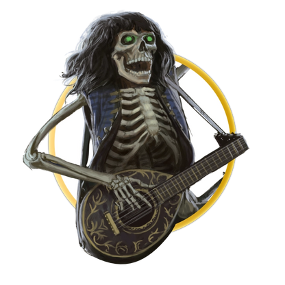 A circular token which depicts A living skeleton with glowing green eyes stands with one leg raised on a pile of skulls and one hand raised in the air in the sign of rock and roll. He is wearing a blue bard's jacket, has long hair, and is carrying a decorated lute. 
